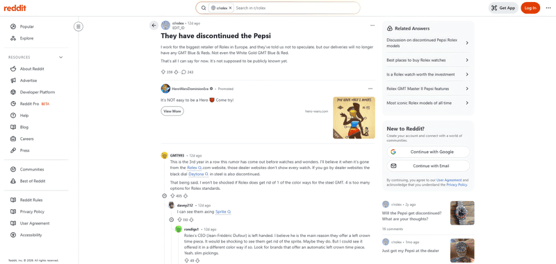 Full Reddit webpage showing a post titled “They have discontinued the Pepsi” in r/rolex, with text claiming Rolex will stop delivering GMT Blue & Red models, 359 upvotes and 243 comments, visible comments below, and sidebar links and login options.